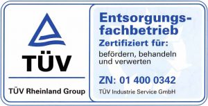Unser Betrieb ist vom TÜV Rheinland zertifiziert als Entsorgungsfachbetrieb